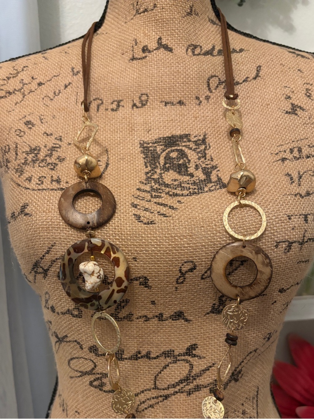 Chico's Brown and Gold Layered Wood resin Circle Pendant Necklace